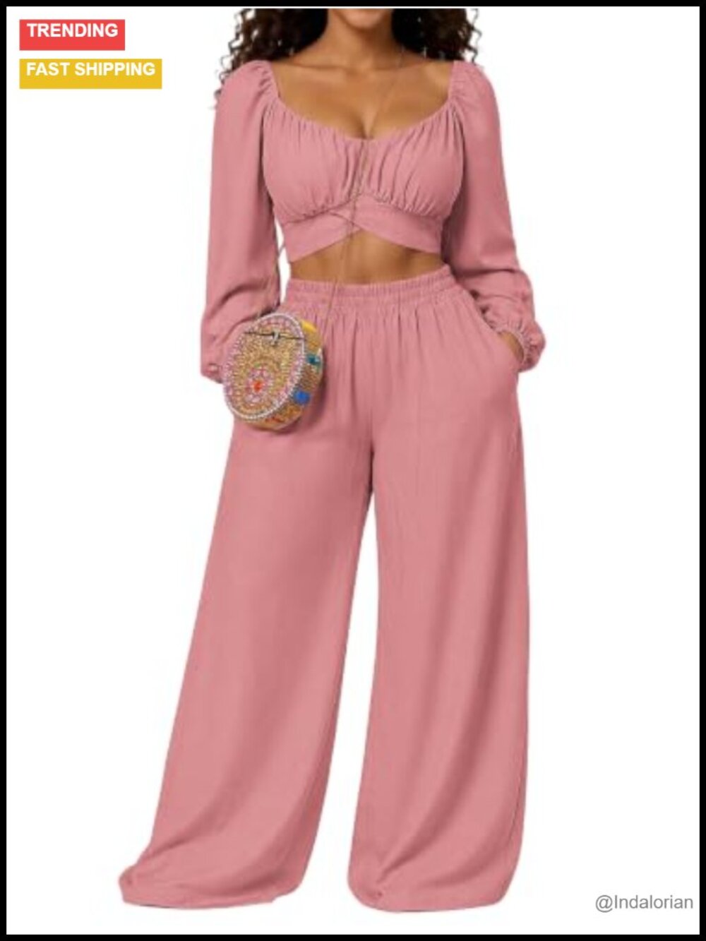 Off Shoulder Puff Sleeve Two Piece Set Crop Top Wide Leg Pants